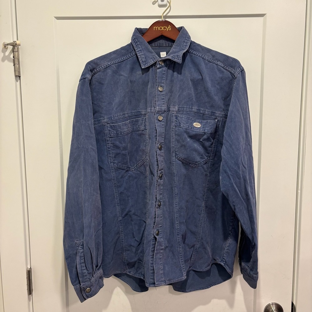 Harley-Davidson Vintage Mens Blue Corduroy Button Down Shirt Long Sleeve L